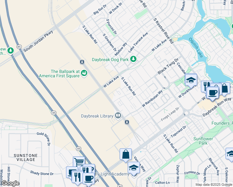 map of restaurants, bars, coffee shops, grocery stores, and more near 5243 West Reventon Drive in South Jordan