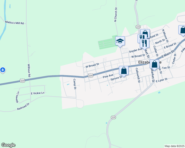 map of restaurants, bars, coffee shops, grocery stores, and more near 417 West Main Street in Elizabethville