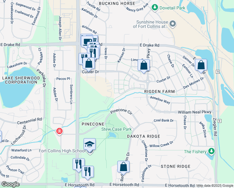 map of restaurants, bars, coffee shops, grocery stores, and more near 2863 Kansas Drive in Fort Collins