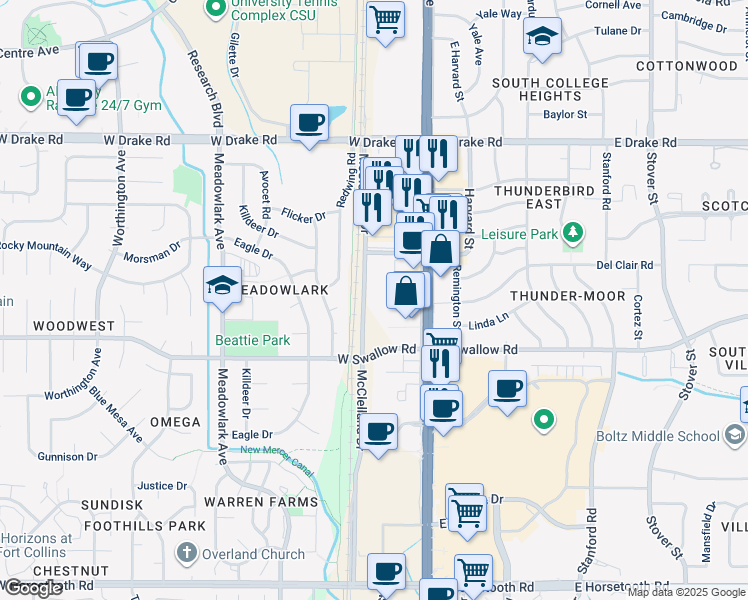 map of restaurants, bars, coffee shops, grocery stores, and more near 2832 McClelland Drive in Fort Collins