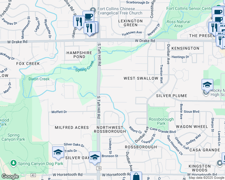 map of restaurants, bars, coffee shops, grocery stores, and more near 1921 Hyline Drive in Fort Collins