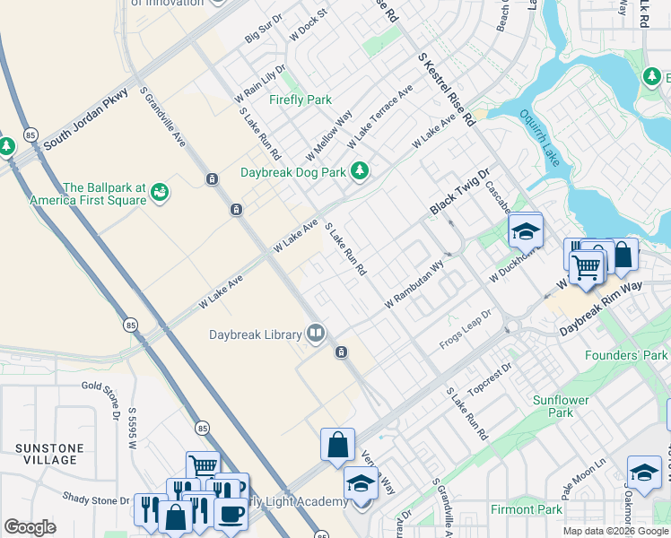 map of restaurants, bars, coffee shops, grocery stores, and more near 5136 Black Twig Drive in South Jordan