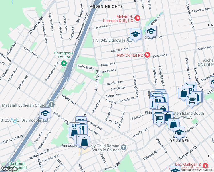 map of restaurants, bars, coffee shops, grocery stores, and more near 190 Memphis Avenue in Staten Island