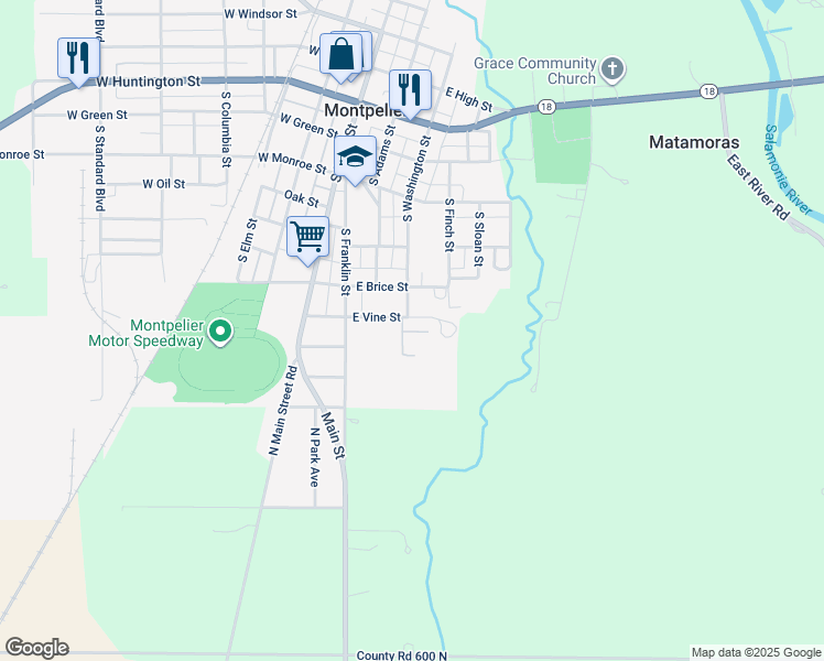 map of restaurants, bars, coffee shops, grocery stores, and more near 356 East Brice Street in Montpelier