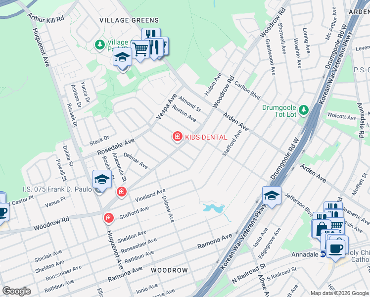 map of restaurants, bars, coffee shops, grocery stores, and more near 717 Woodrow Road in Staten Island