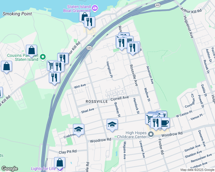 map of restaurants, bars, coffee shops, grocery stores, and more near 37 Redwood Loop in Staten Island