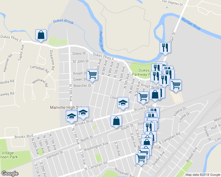 map of restaurants, bars, coffee shops, grocery stores, and more near 223 North 7th Avenue in Manville