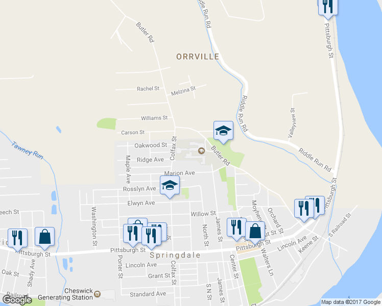 map of restaurants, bars, coffee shops, grocery stores, and more near 501 Butler Road in Springdale