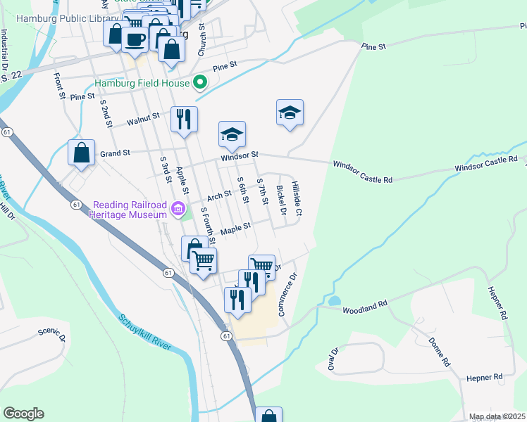 map of restaurants, bars, coffee shops, grocery stores, and more near 516 South 7th Street in Hamburg