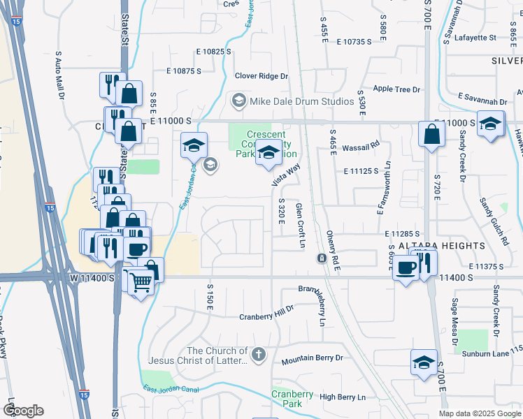 map of restaurants, bars, coffee shops, grocery stores, and more near 11239 South 285 East in Sandy