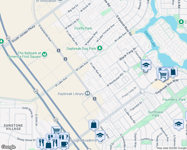map of restaurants, bars, coffee shops, grocery stores, and more near 5136 Black Twig Drive in South Jordan