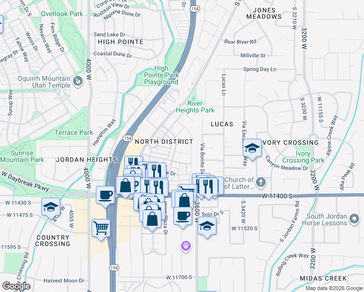 map of restaurants, bars, coffee shops, grocery stores, and more near 3653 Snowfield Court in South Jordan