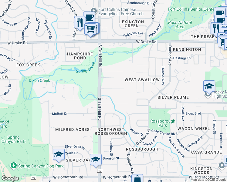map of restaurants, bars, coffee shops, grocery stores, and more near 1921 Hyline Drive in Fort Collins