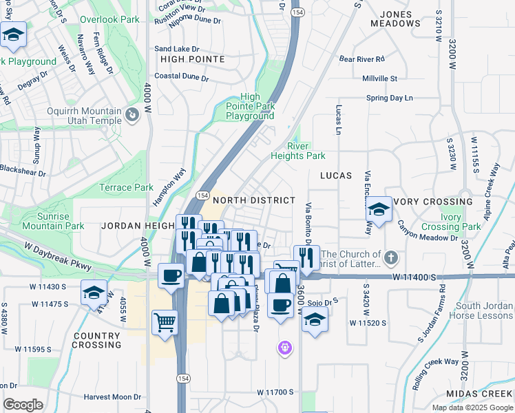 map of restaurants, bars, coffee shops, grocery stores, and more near 3732 Angelica Way in South Jordan