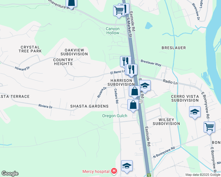 map of restaurants, bars, coffee shops, grocery stores, and more near 4600 Cedars Road in Redding