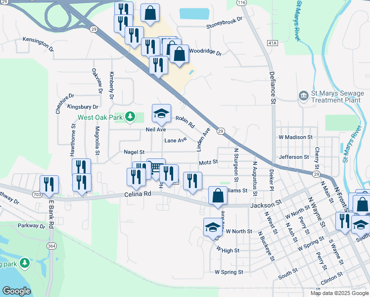 map of restaurants, bars, coffee shops, grocery stores, and more near 1103 Neil Avenue in Saint Marys