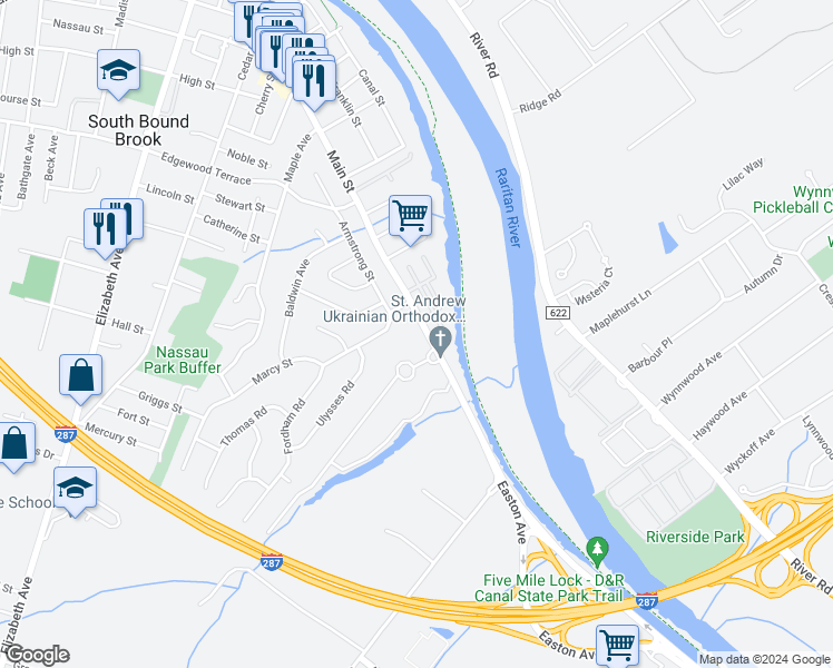 map of restaurants, bars, coffee shops, grocery stores, and more near 244 County Road 527 in South Bound Brook