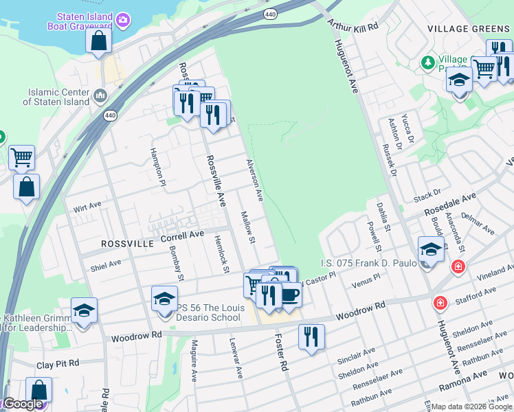 map of restaurants, bars, coffee shops, grocery stores, and more near 302 Alverson Avenue in Staten Island