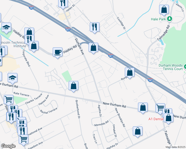 map of restaurants, bars, coffee shops, grocery stores, and more near 1111 Durham Avenue in South Plainfield
