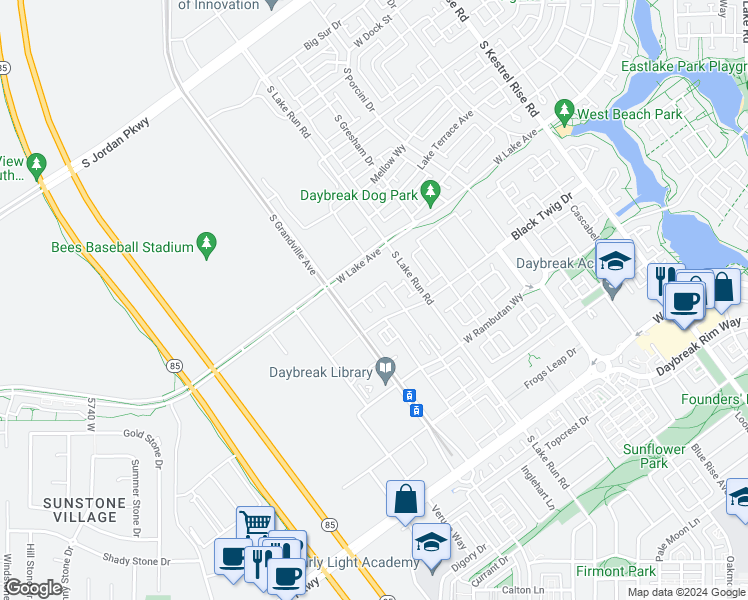 map of restaurants, bars, coffee shops, grocery stores, and more near 5243 West Reventon Drive in South Jordan