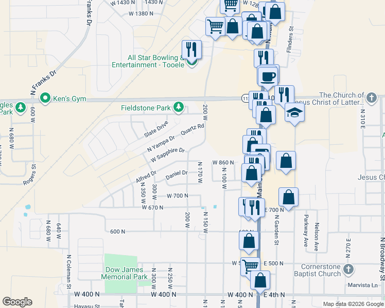 map of restaurants, bars, coffee shops, grocery stores, and more near 834 North 200 West in Tooele