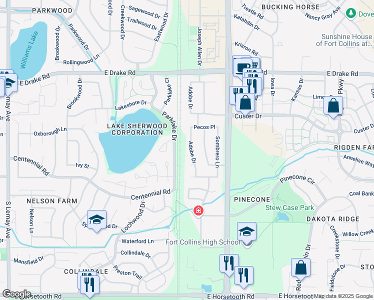 map of restaurants, bars, coffee shops, grocery stores, and more near 2900 Adobe Drive in Fort Collins