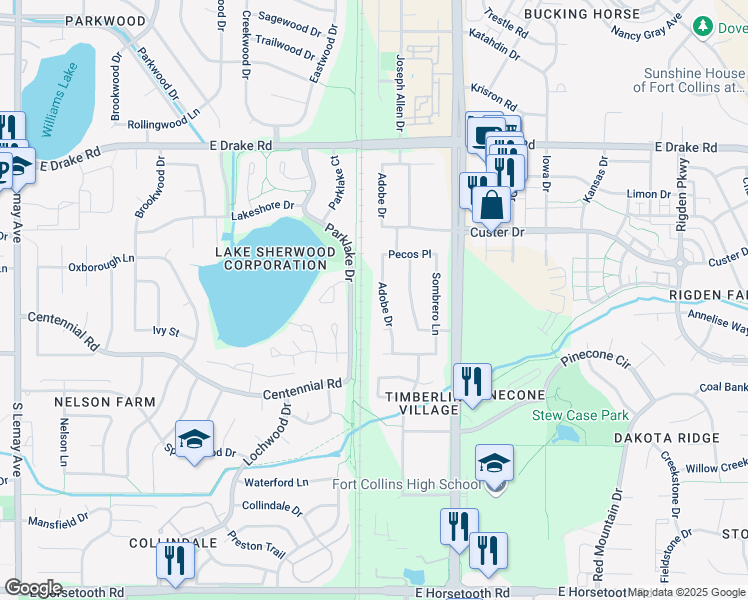map of restaurants, bars, coffee shops, grocery stores, and more near 2900 Adobe Drive in Fort Collins