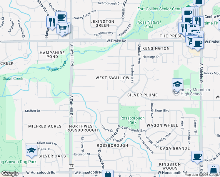 map of restaurants, bars, coffee shops, grocery stores, and more near 2920 Bassick Street in Fort Collins