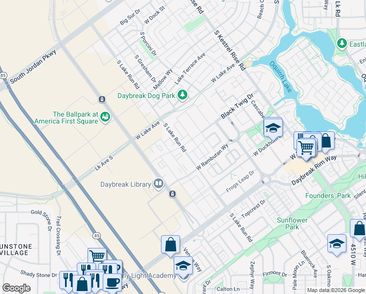 map of restaurants, bars, coffee shops, grocery stores, and more near 5136 Black Twig Drive in South Jordan