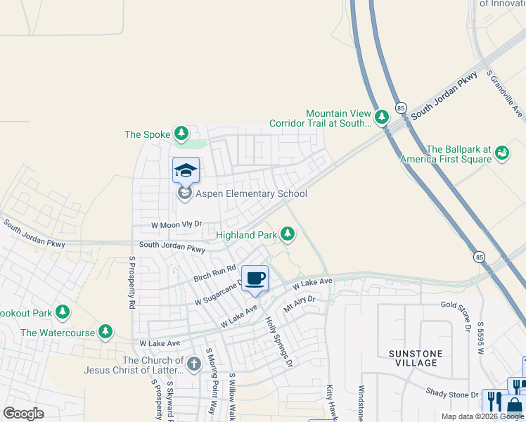map of restaurants, bars, coffee shops, grocery stores, and more near 6162 Moon Valley Drive in South Jordan