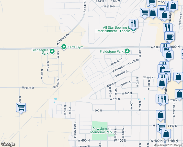 map of restaurants, bars, coffee shops, grocery stores, and more near 851 Galena Drive in Tooele
