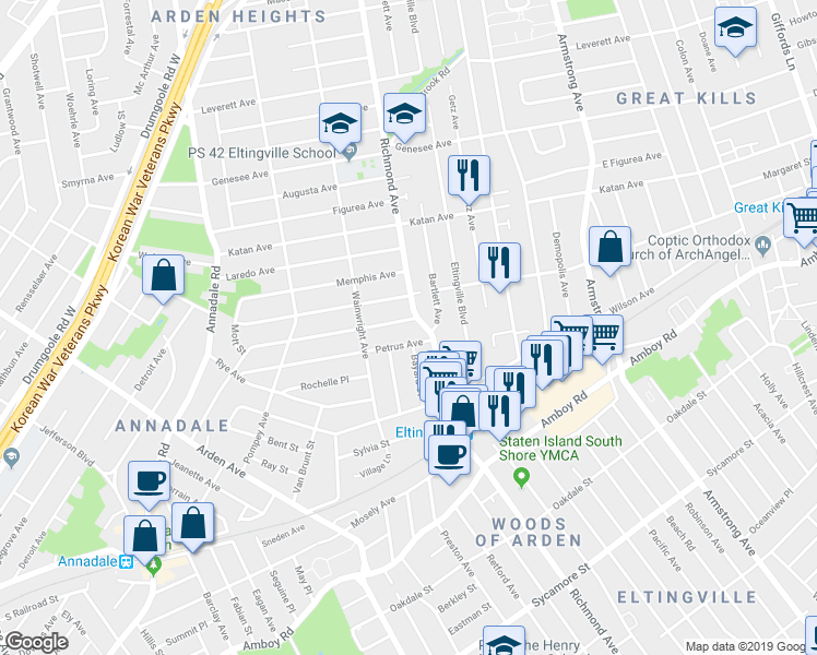 map of restaurants, bars, coffee shops, grocery stores, and more near 11 Serrell Avenue in Staten Island