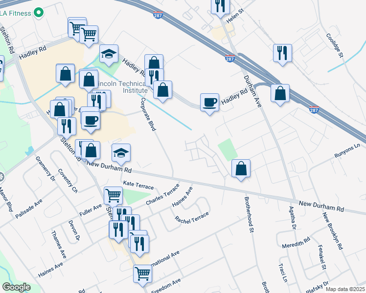 map of restaurants, bars, coffee shops, grocery stores, and more near 1112 Staats Court in South Plainfield