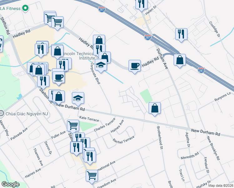 map of restaurants, bars, coffee shops, grocery stores, and more near 1112 Staats Court in South Plainfield