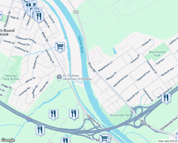 map of restaurants, bars, coffee shops, grocery stores, and more near 260 River Road in Piscataway