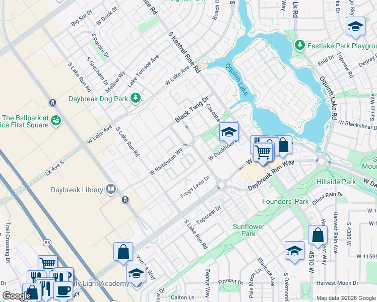 map of restaurants, bars, coffee shops, grocery stores, and more near 4951 Waltana Way in South Jordan
