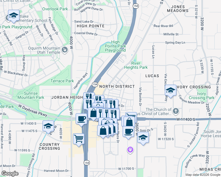 map of restaurants, bars, coffee shops, grocery stores, and more near 3786 Broadwick Road in South Jordan