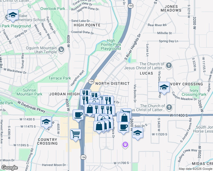 map of restaurants, bars, coffee shops, grocery stores, and more near 11189 River Heights Drive in South Jordan