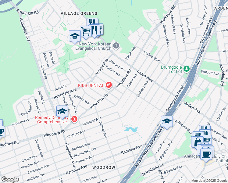map of restaurants, bars, coffee shops, grocery stores, and more near 732 Woodrow Road in Staten Island