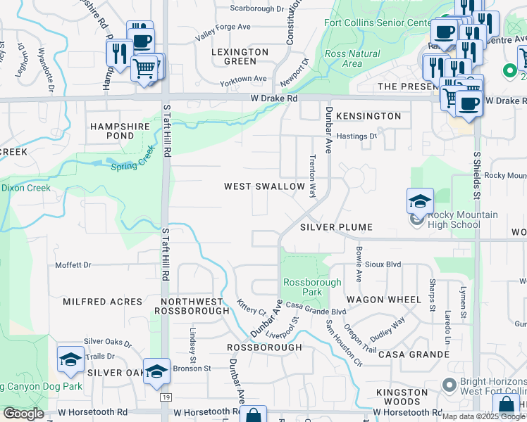 map of restaurants, bars, coffee shops, grocery stores, and more near 2950 Querida Street in Fort Collins