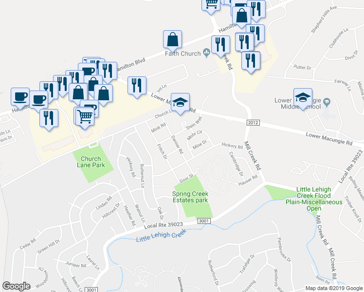 map of restaurants, bars, coffee shops, grocery stores, and more near 1431 Mohr Circle in Macungie