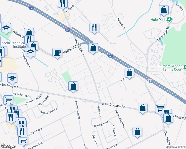 map of restaurants, bars, coffee shops, grocery stores, and more near 1111 Durham Avenue in South Plainfield