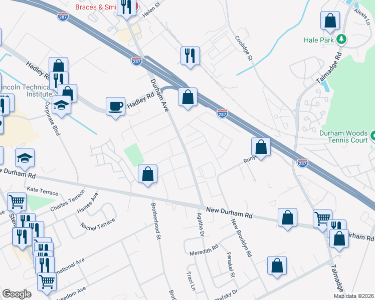 map of restaurants, bars, coffee shops, grocery stores, and more near 1333 Yurgel Drive in South Plainfield