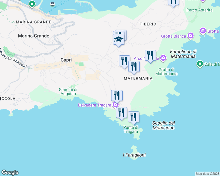map of restaurants, bars, coffee shops, grocery stores, and more near 17A Via Tuoro in Capri