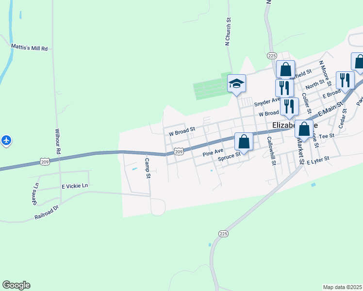 map of restaurants, bars, coffee shops, grocery stores, and more near 417 West Main Street in Elizabethville