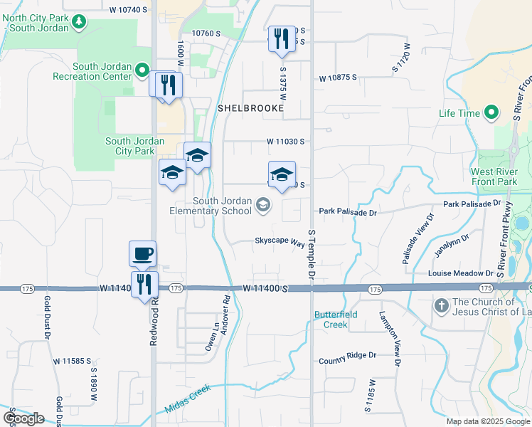 map of restaurants, bars, coffee shops, grocery stores, and more near 11205 Black Cherry Way in South Jordan