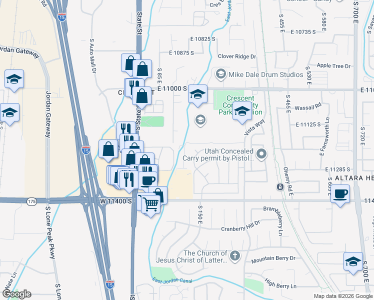 map of restaurants, bars, coffee shops, grocery stores, and more near 11201 Crescent Oak Way in Sandy