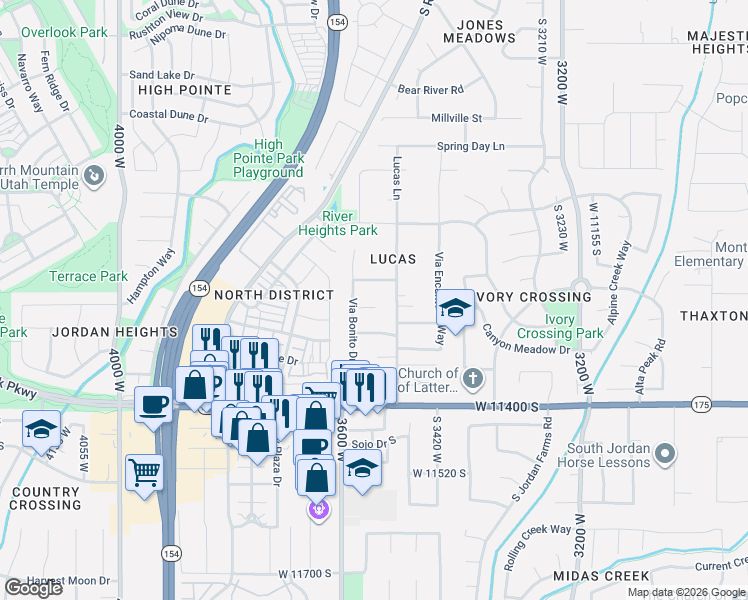 map of restaurants, bars, coffee shops, grocery stores, and more near 3527 Del Sol Lane in South Jordan