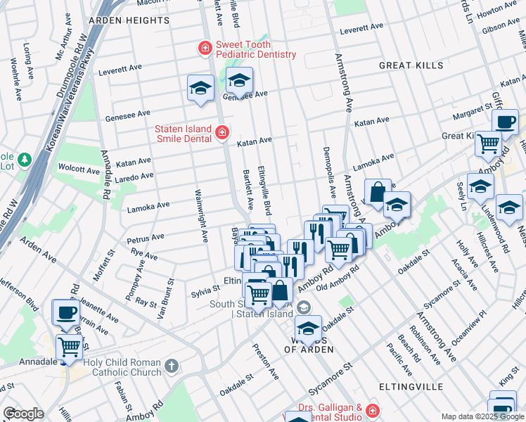 map of restaurants, bars, coffee shops, grocery stores, and more near 21 Bartlett Avenue in Staten Island
