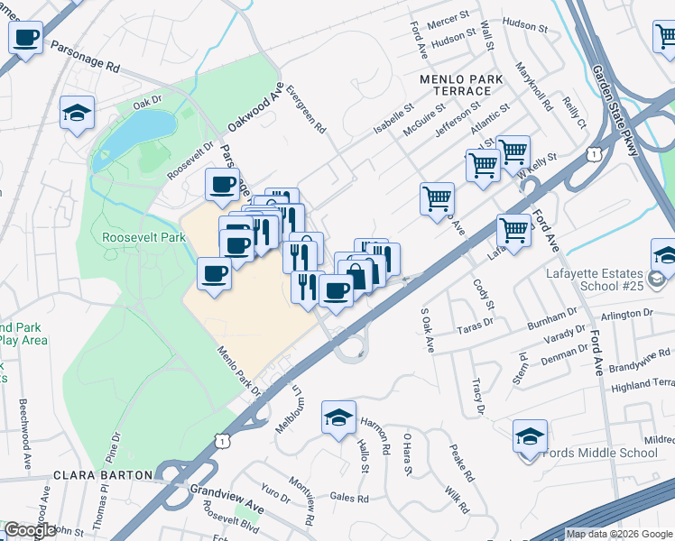 map of restaurants, bars, coffee shops, grocery stores, and more near 26 Judson Street in Edison